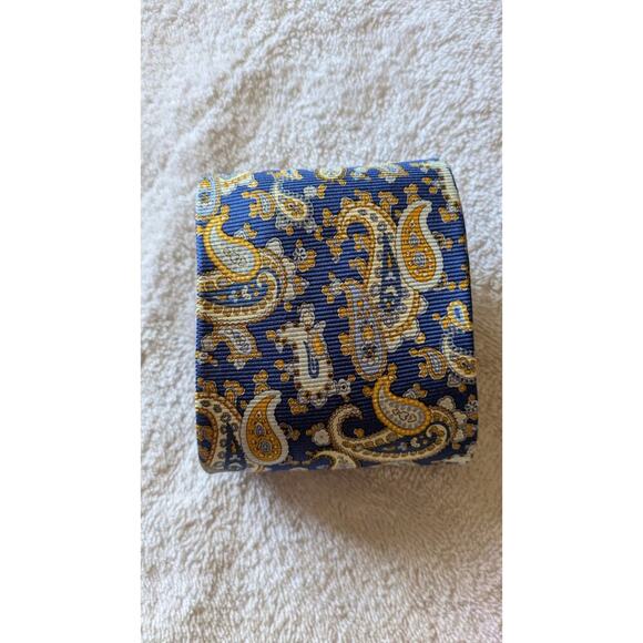 Paul Fredrick Blue & Yellow/Gold Paisley Silk Hand Tailored Tie, - Picture 2 of 4
